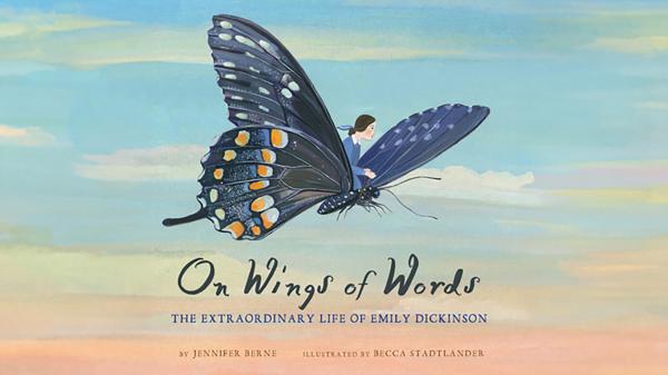 A woman in a blue dress rides between the wings of a large blue butterfly. 