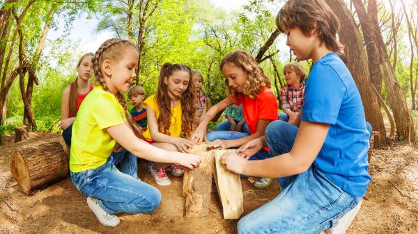 A group of school-aged children stacking logs in the woods.