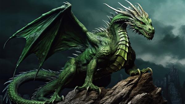 A green dragon standing on rocks with a cloudy background.
