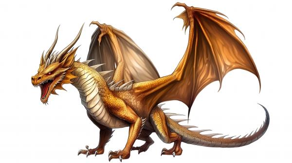 Brown dragon standing with wings extended.