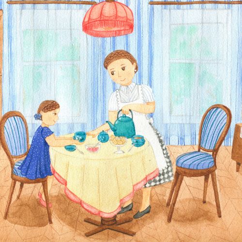 Illustrated teatime at home with parent and child.