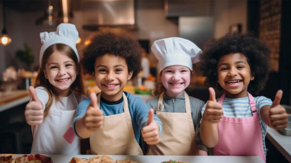 4 children wearing aprons in a kitchen with their thumbs up