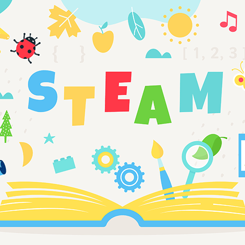Illustration of open book with word STEAM above it and surrounded by plants, ladybug, paintbrush, music letter, numbers, sun, moon, and more.