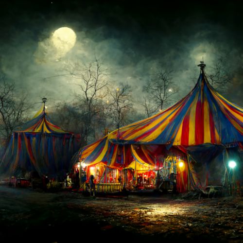 Circus tents outside under the full moon in a dark, creepy area