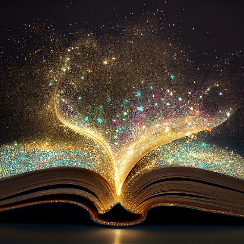 Black background of an open book with sparkles coming out of it.