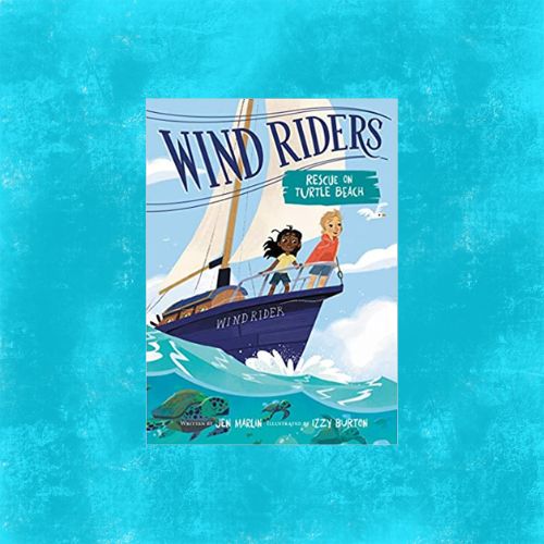 Cover of the book Wind Riders: Rescue on Turtle Beach with teal and white background.
