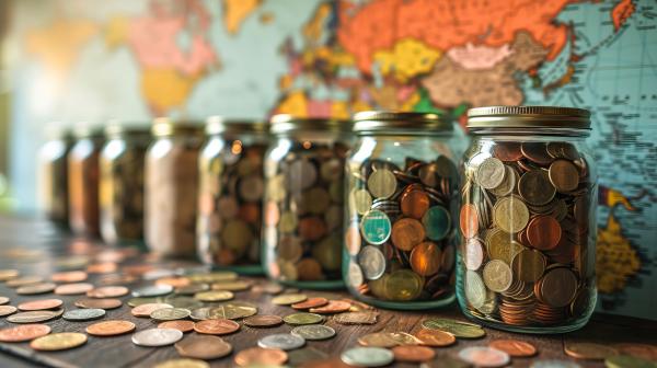 Eight mason jars filled with coins lined up in front of a world map with coins in the foreground. 