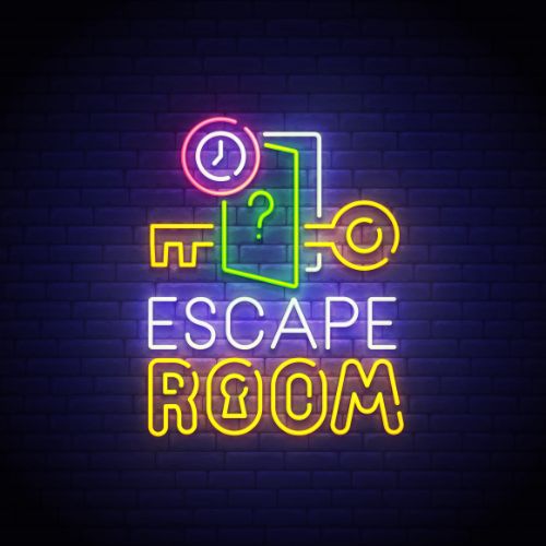 Escape Room neon sign, bright signboard, light banner.