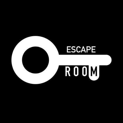 Outline of a large key with the words escape room and black background