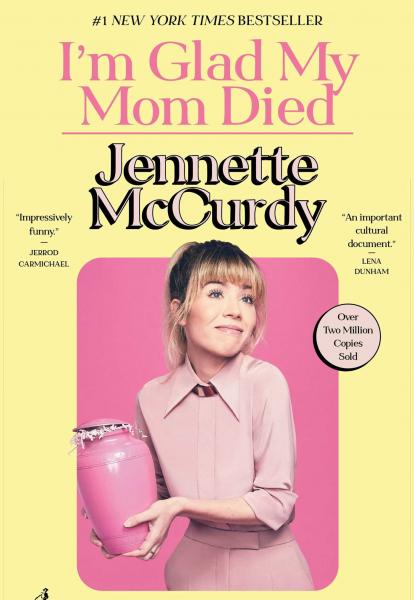 The book cover for I'm Glad My Mom Died. Author Jennette McCurdy holds a pink urn filled with shredded paper.